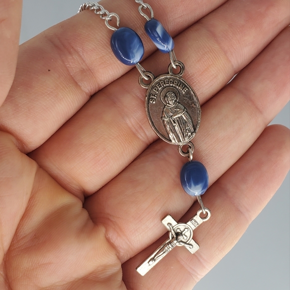 St. Anthony and St. Peregrine Silvertone Blue Bead Cross Necklace - Picture 4 of 4